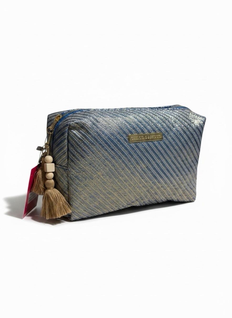 Vince Camuto Blue Gold Makeup Bag with Zipper Closure & Tassel Charm